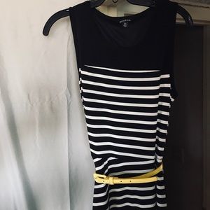 Black white stripe dress with yellow belt